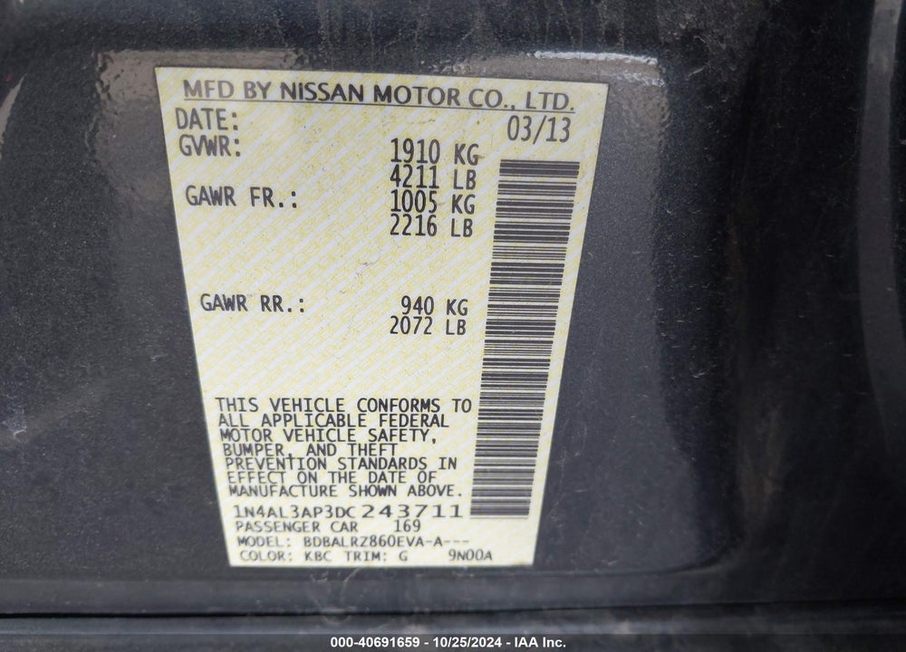 2013 NISSAN ALTIMA 2.5 S VIN: 1N4AL3AP3DC243711
