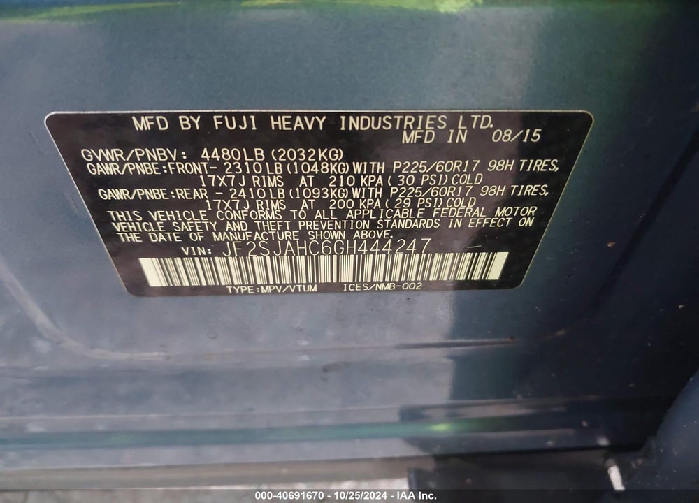 2016 SUBARU FORESTER 2.5I LIMITED VIN: JF2SJAHC6GH444247