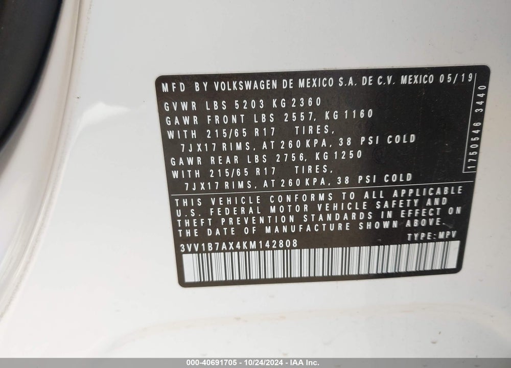 2019 VOLKSWAGEN TIGUAN 2.0T S VIN: 3VV1B7AX4KM142808