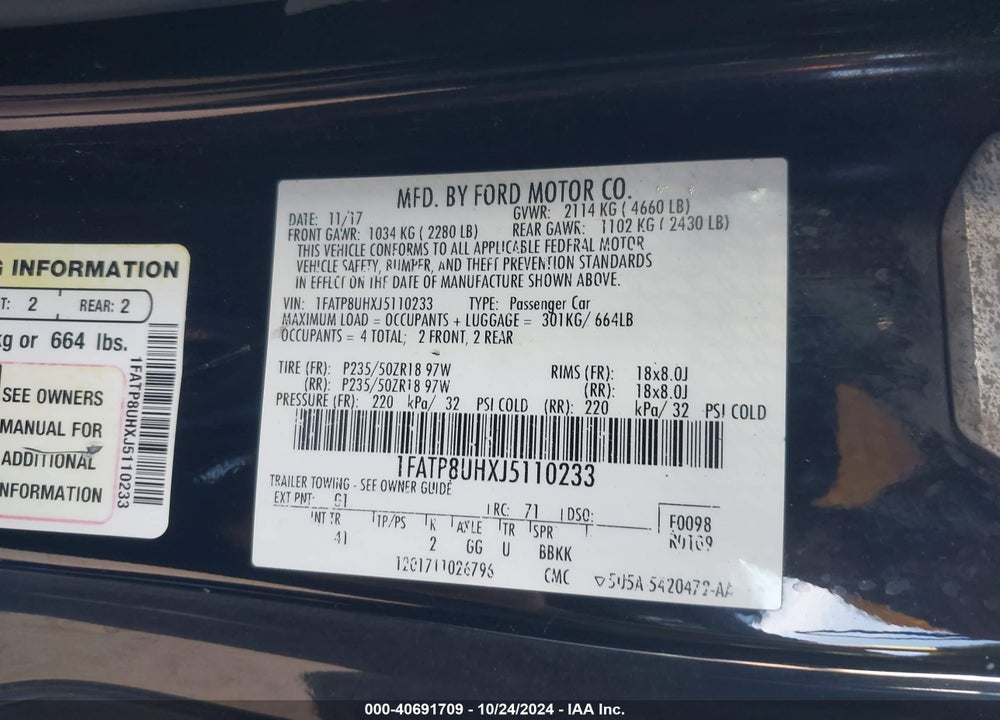 2018 FORD MUSTANG ECOBOOST PREMIUM VIN: 1FATP8UHXJ5110233