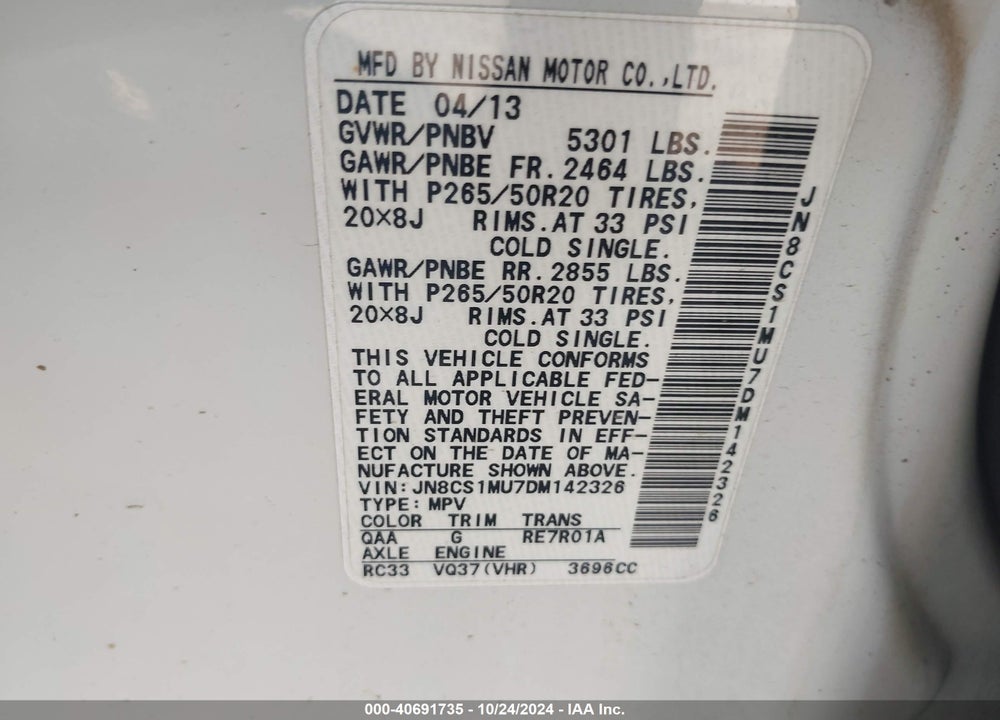 2013 INFINITI FX37 VIN: JN8CS1MU7DM142326