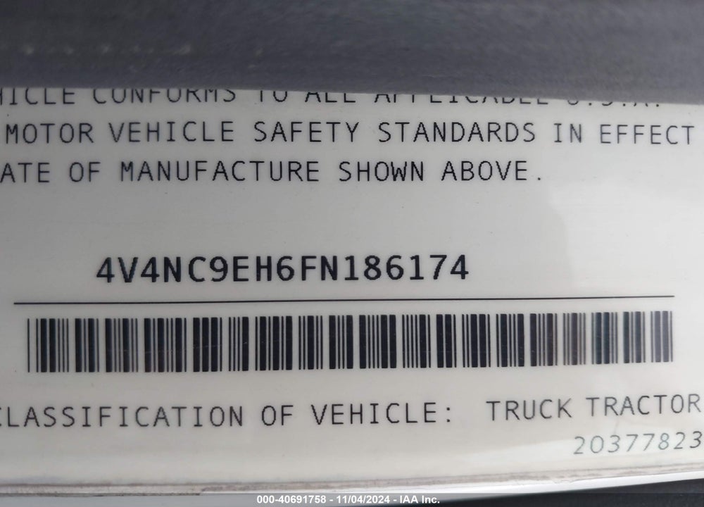 2015 VOLVO VN VNL VIN: 4V4NC9EH6FN186174