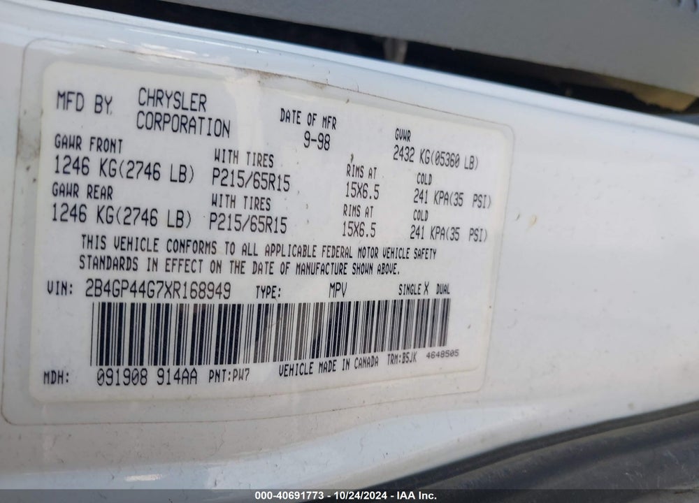 1999 DODGE GRAND CARAVAN SE VIN: 2B4GP44G7XR168949