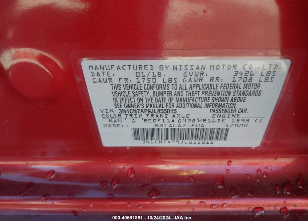 2018 NISSAN VERSA 1.6 S+ VIN: 3N1CN7AP9JL855015