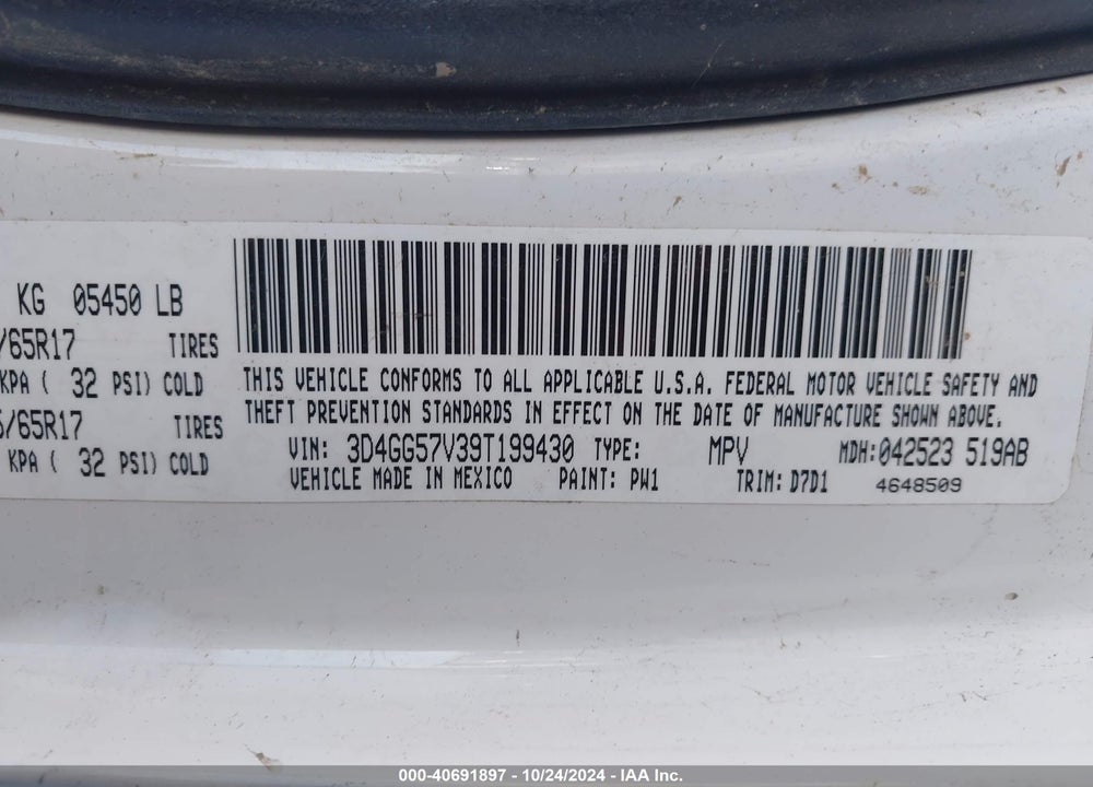 2009 DODGE JOURNEY SXT VIN: 3D4GG57V39T199430