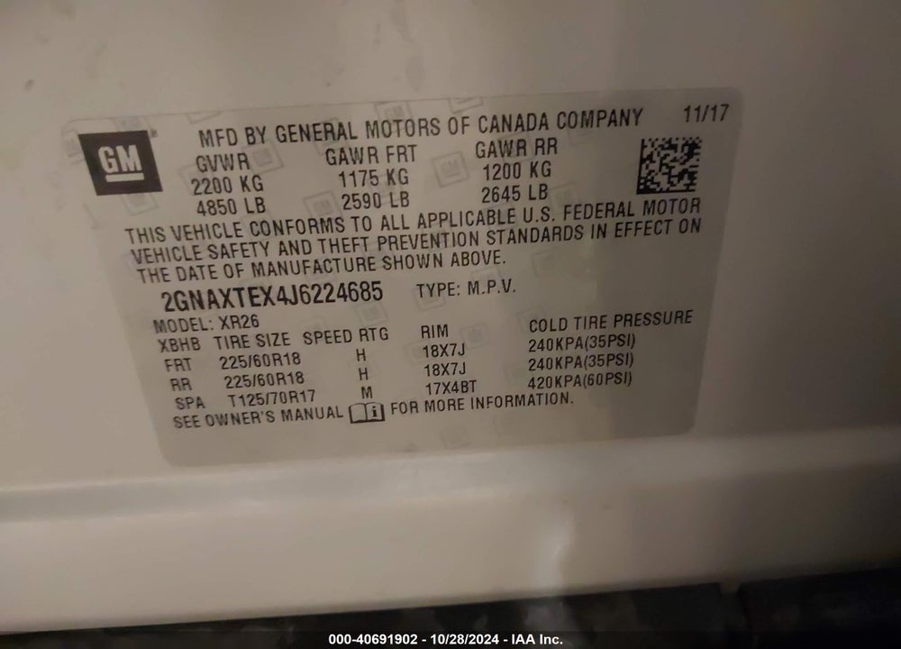 2018 CHEVROLET EQUINOX LT VIN: 2GNAXTEX4J6224685