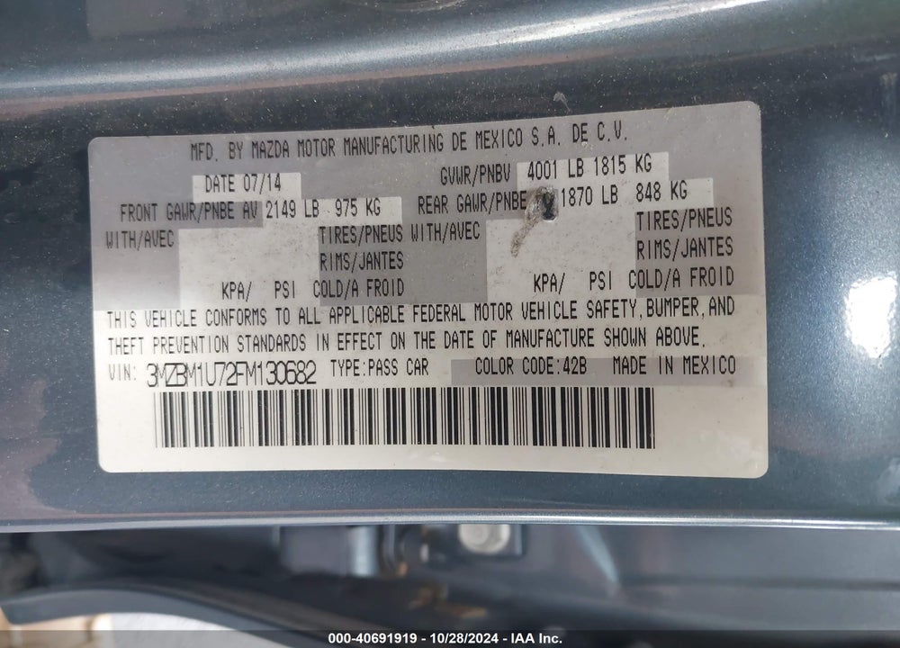 2015 MAZDA 3 I SPORT VIN: 3MZBM1U72FM130682