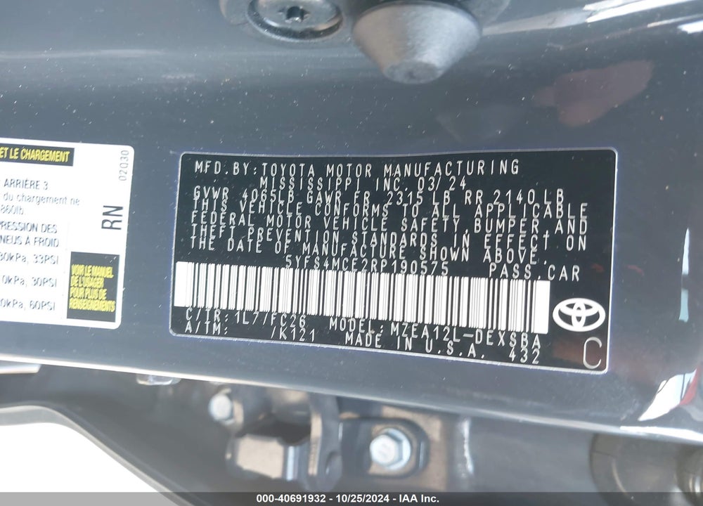 2024 TOYOTA COROLLA SE VIN: 5YFS4MCE2RP190575