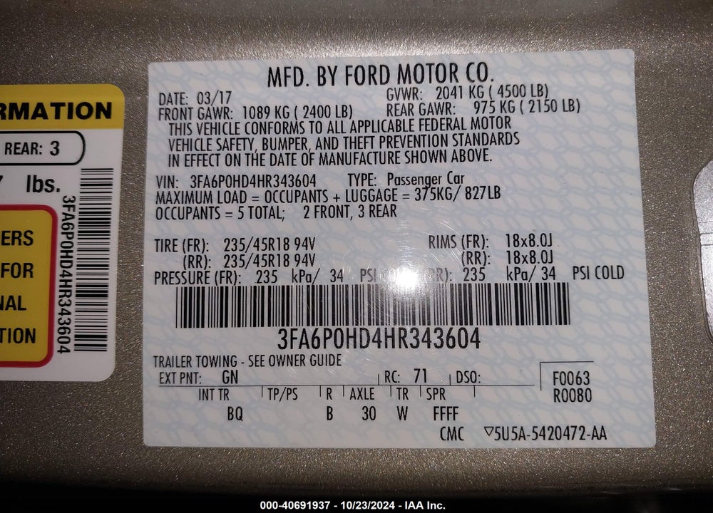 2017 FORD FUSION SE VIN: 3FA6P0HD4HR343604