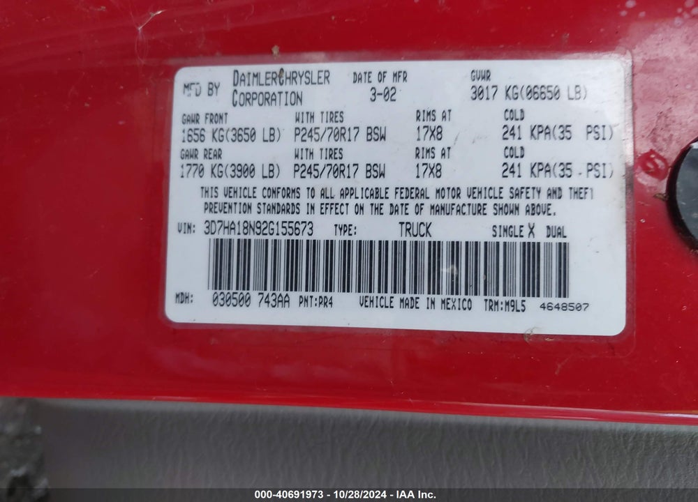 2002 DODGE RAM 1500 ST VIN: 3D7HA18N92G155673