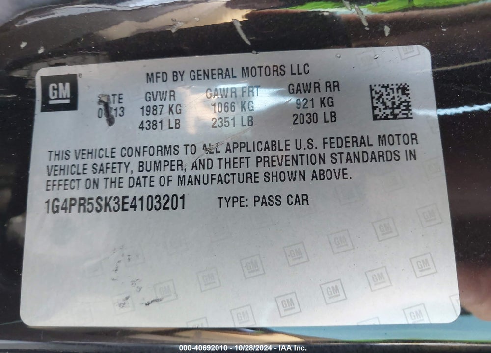 2014 BUICK VERANO CONVENIENCE GROUP VIN: 1G4PR5SK3E4103201