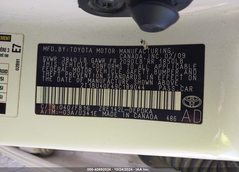 2009 TOYOTA COROLLA LE VIN: 2T1BU40E49C189044