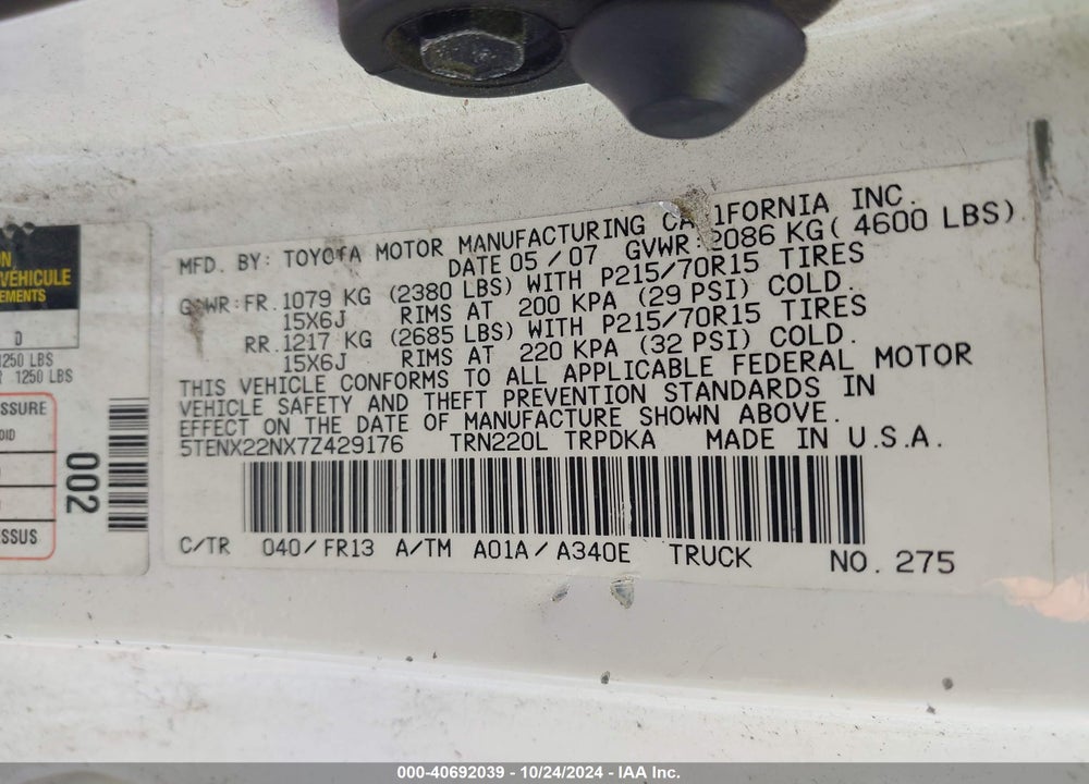 2007 TOYOTA TACOMA VIN: 5TENX22NX7Z429176
