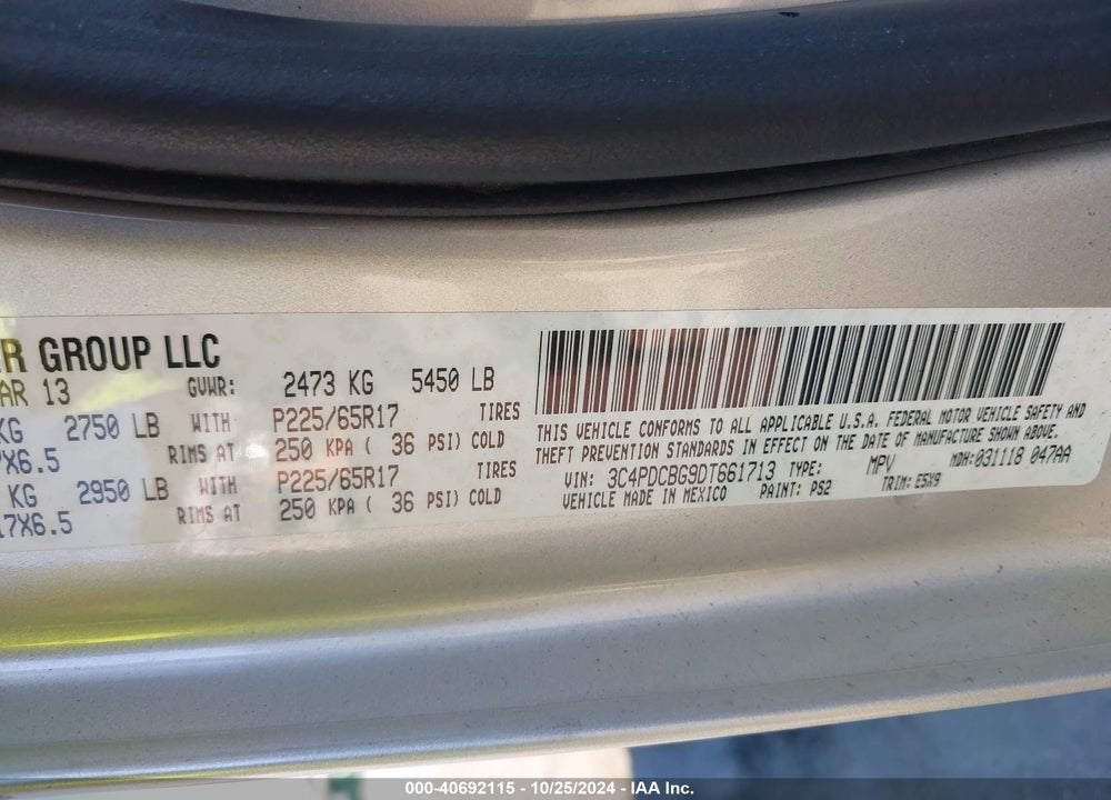 2013 DODGE JOURNEY SXT VIN: 3C4PDCBG9DT661713
