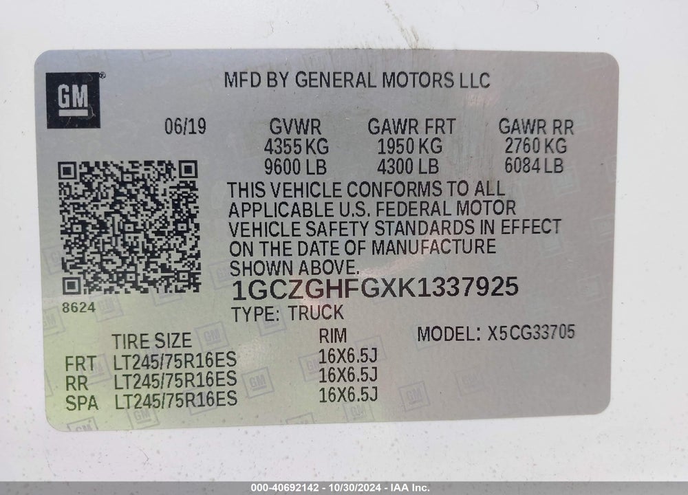 2019 CHEVROLET EXPRESS 3500 WORK VAN VIN: 1GCZGHFGXK1337925