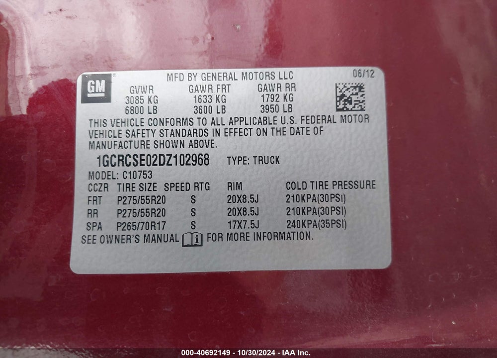 2013 CHEVROLET SILVERADO 1500 LT VIN: 1GCRCSE02DZ102968