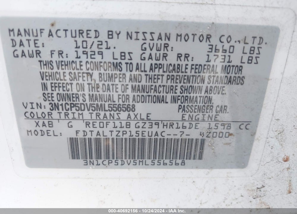 2021 NISSAN KICKS SR XTRONIC CVT VIN: 3N1CP5DV5ML556568