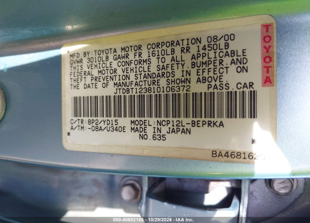 2001 TOYOTA ECHO VIN: JTDBT123810106372