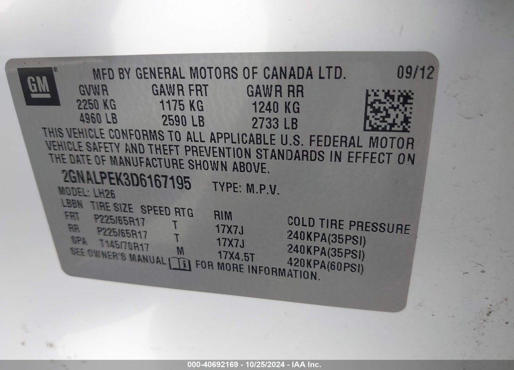 2013 CHEVROLET EQUINOX 2LT VIN: 2GNALPEK3D6167195