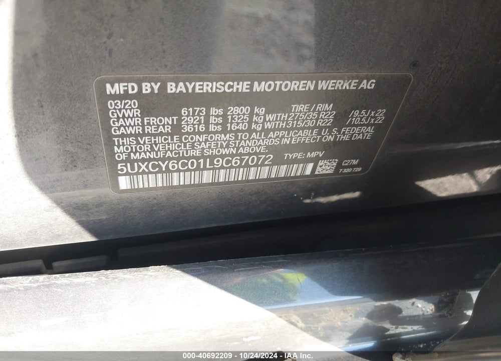 2020 BMW X6 XDRIVE40I VIN: 5UXCY6C01L9C67072