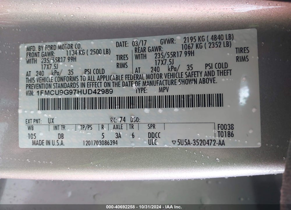2017 FORD ESCAPE SE VIN: 1FMCU9G97HUD42989