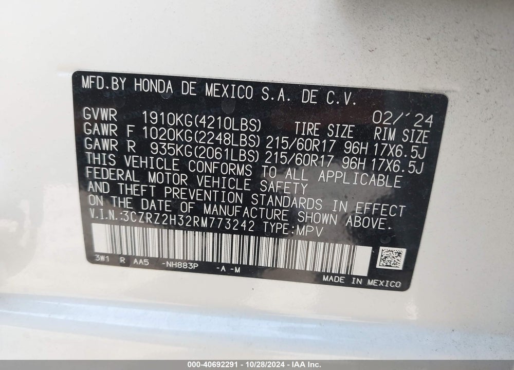 2024 HONDA HR-V AWD LX VIN: 3CZRZ2H32RM773242