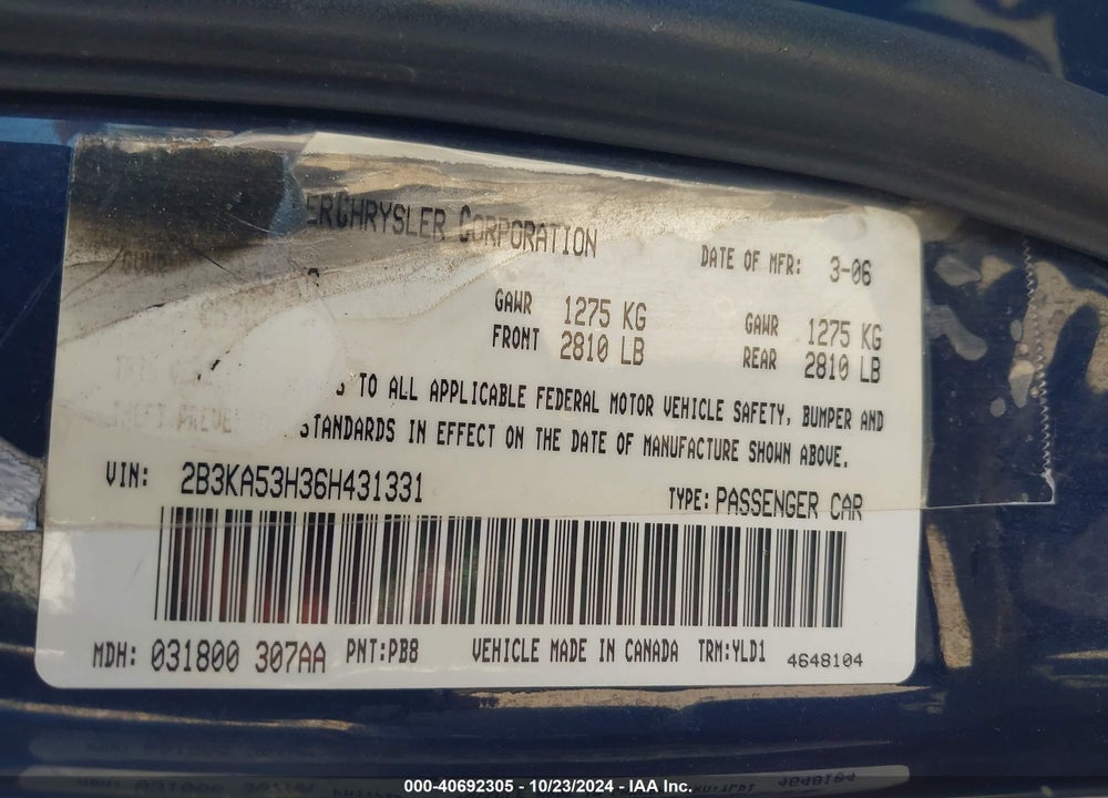 2006 DODGE CHARGER RT VIN: 2B3KA53H36H431331