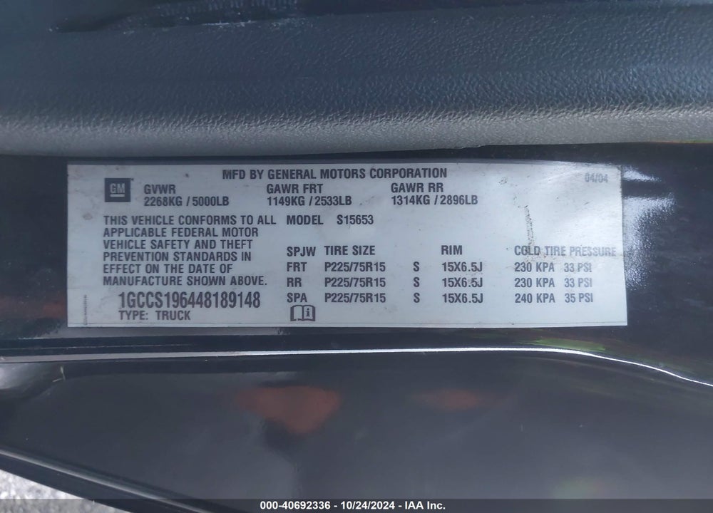 2004 CHEVROLET COLORADO LS VIN: 1GCCS196448189148
