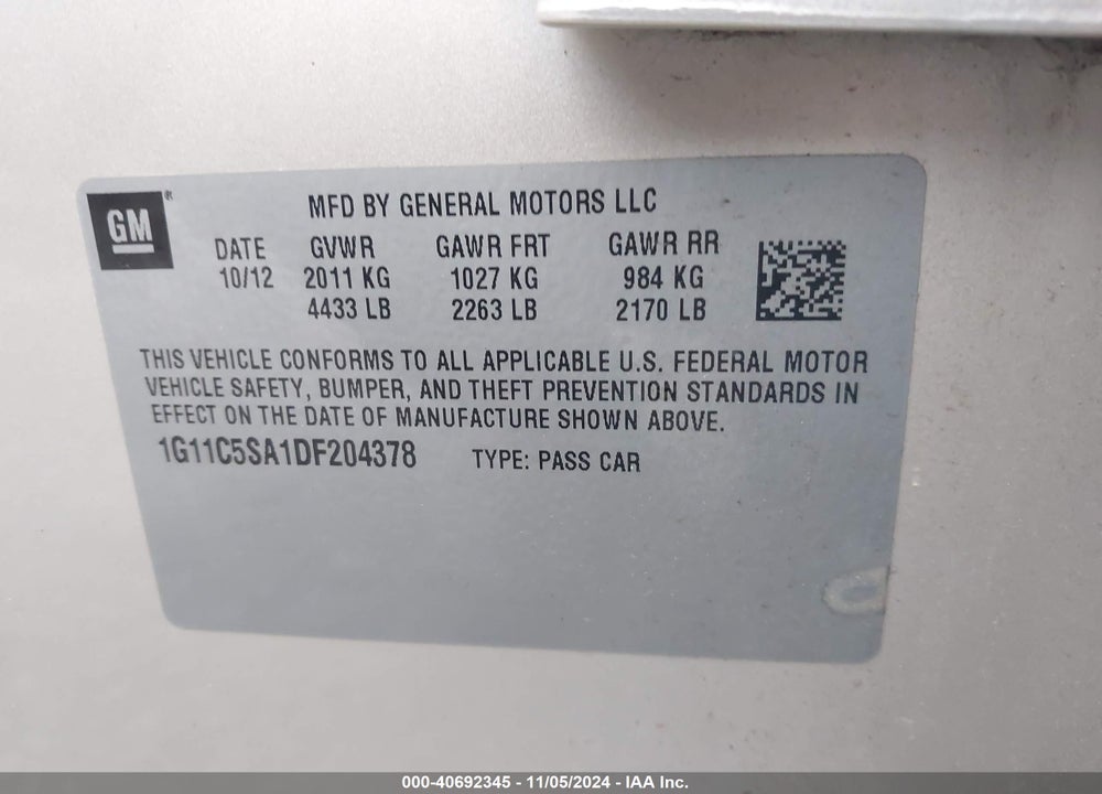 2013 CHEVROLET MALIBU 1LT VIN: 1G11C5SA1DF204378