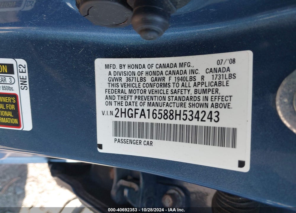 2008 HONDA CIVIC LX VIN: 2HGFA16588H534243