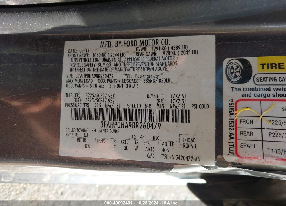 2011 FORD FUSION SE VIN: 3FAHP0HA9BR260479