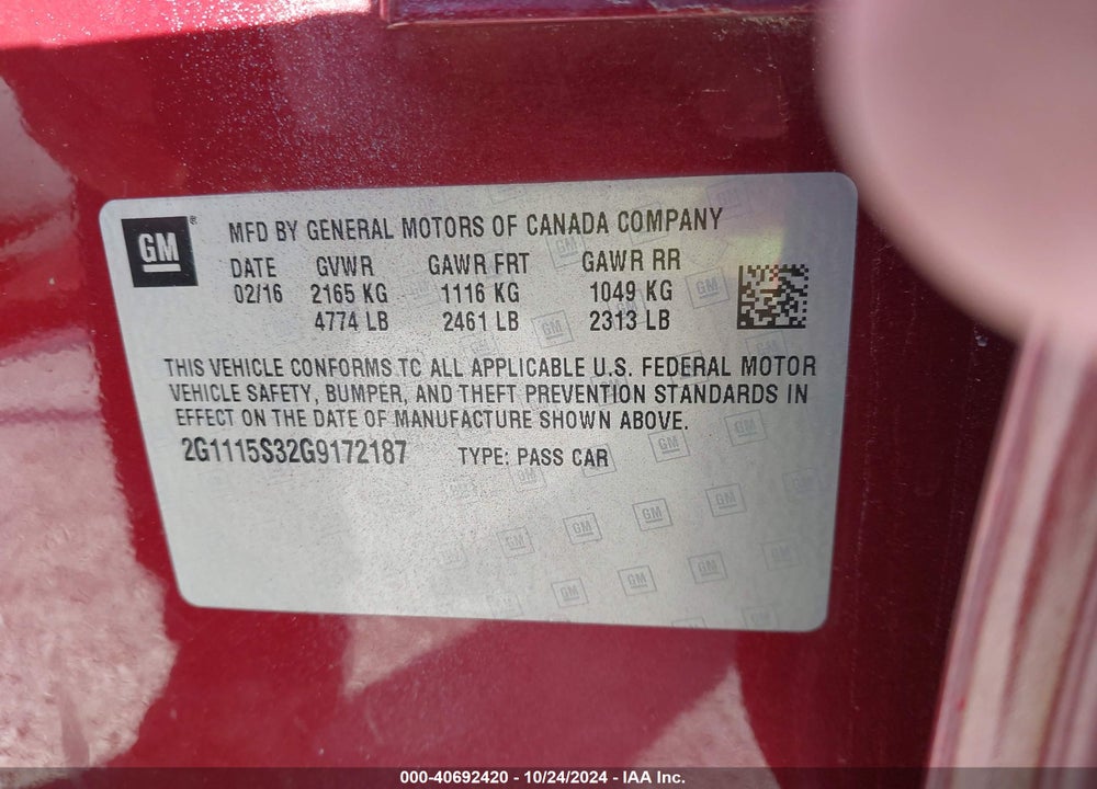 2016 CHEVROLET IMPALA 2LT VIN: 2G1115S32G9172187