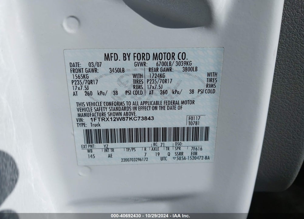 2007 FORD F-150 STX/XL/XLT VIN: 1FTRX12W87KC73843