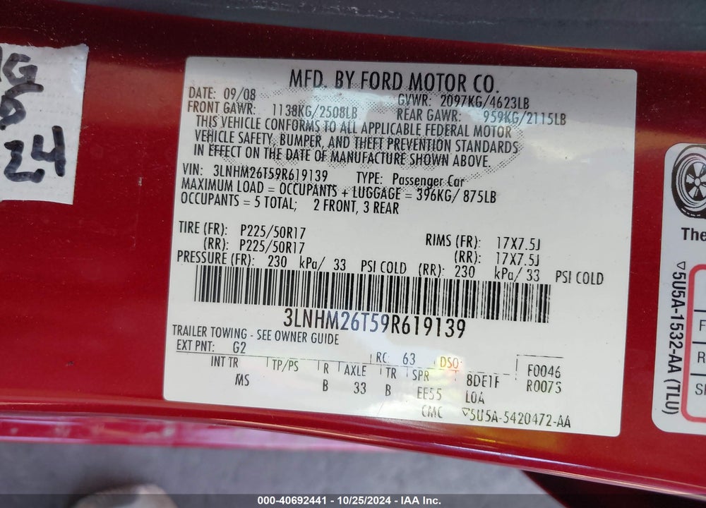 2009 LINCOLN MKZ VIN: 3LNHM26T59R619139