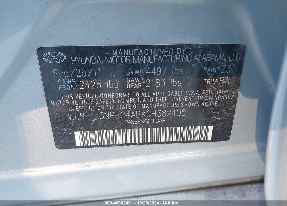 2012 HYUNDAI SONATA LIMITED 2.0T VIN: 5NPEC4ABXCH382405