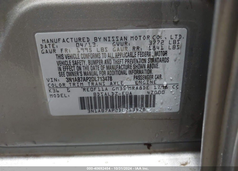 2013 NISSAN SENTRA SV VIN: 3N1AB7AP2DL713478