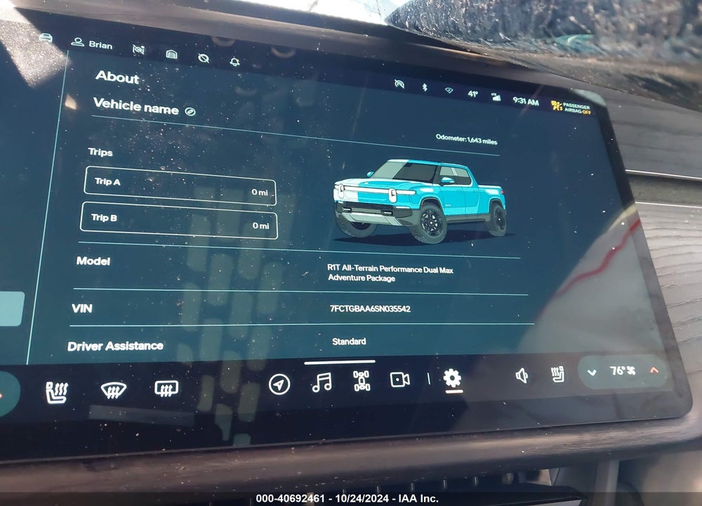2025 RIVIAN R1T ADVENTURE/ADVENTURE DUAL MOTOR MAX PACK/ADVENTURE DUAL MOTOR PERF LARGE PACK VIN: 7FCTGBAA6SN035542