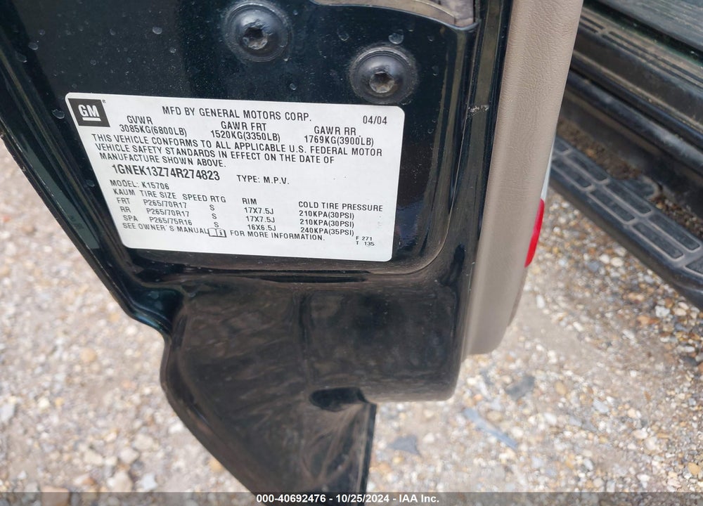 2004 CHEVROLET TAHOE Z71 VIN: 1GNEK13Z74R274823