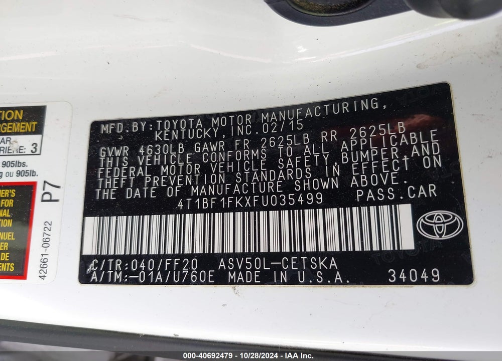 2015 TOYOTA CAMRY SE VIN: 4T1BF1FKXFU035499