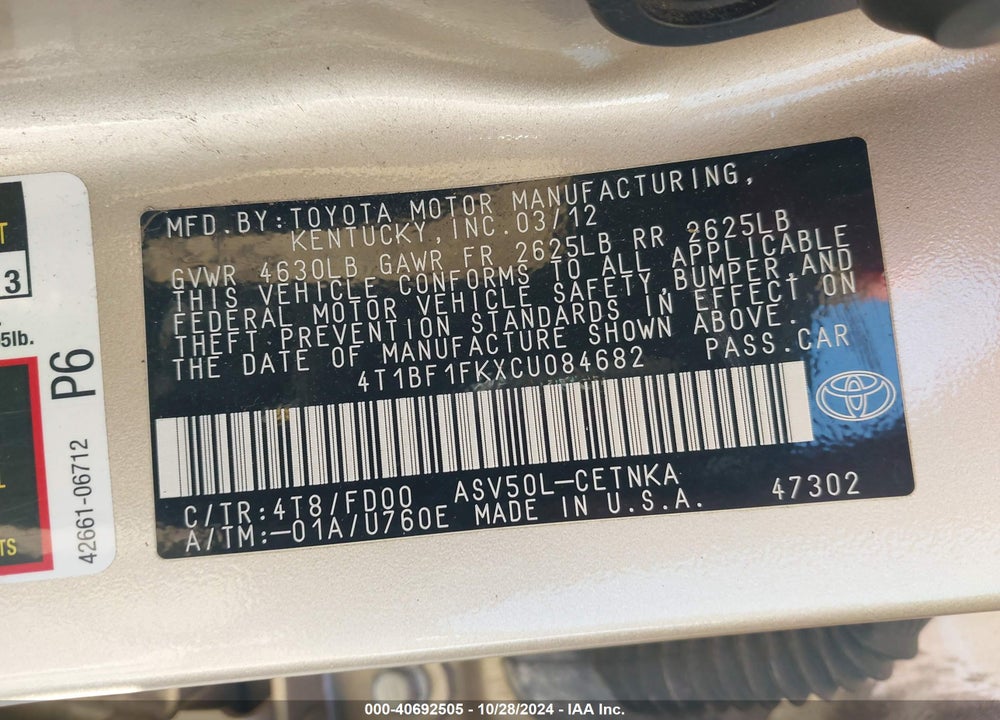 2012 TOYOTA CAMRY VIN: 4T1BF1FKXCU084682
