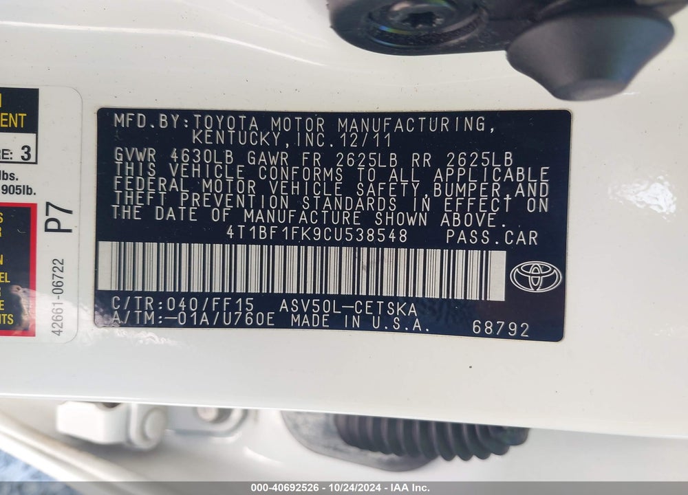 2012 TOYOTA CAMRY SE VIN: 4T1BF1FK9CU538548