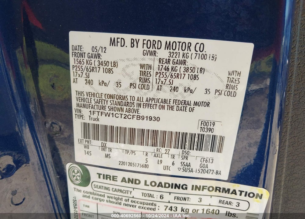 2012 FORD F150 SUPERCREW VIN: 1FTFW1CT2CFB91930