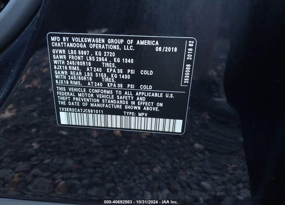 2018 VOLKSWAGEN ATLAS 3.6L V6 SE VIN: 1V2KR2CA7JC581011