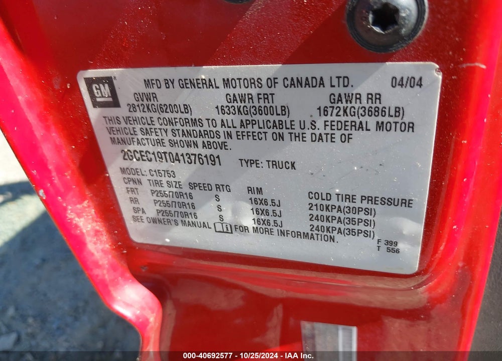 2004 CHEVROLET SILVERADO 1500 WORK TRUCK VIN: 2GCEC19T041376191