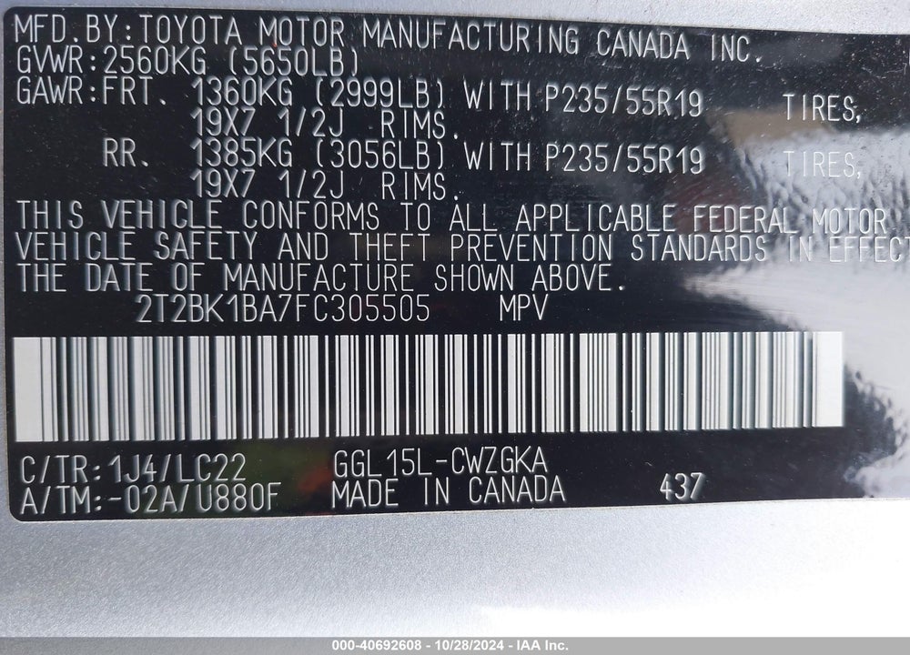 2015 LEXUS RX 350 F-SPORT VIN: 2T2BK1BA7FC305505