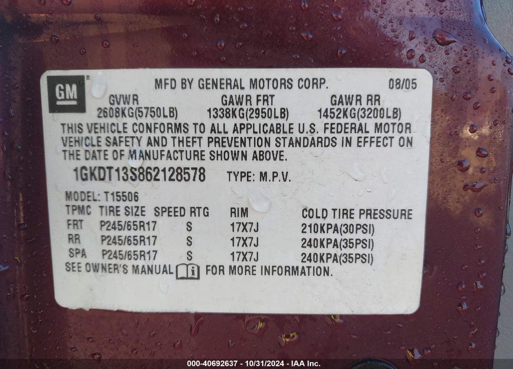2006 GMC ENVOY SLE VIN: 1GKDT13S862128578
