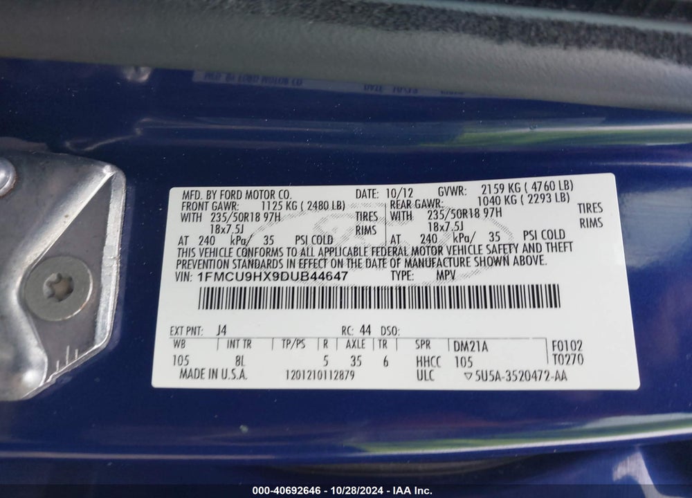 2013 FORD ESCAPE SEL VIN: 1FMCU9HX9DUB44647