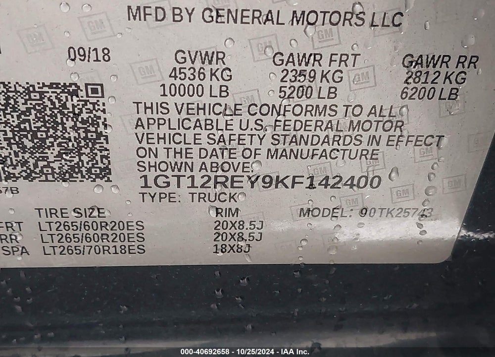 2019 GMC SIERRA 2500HD SLT VIN: 1GT12REY9KF142400