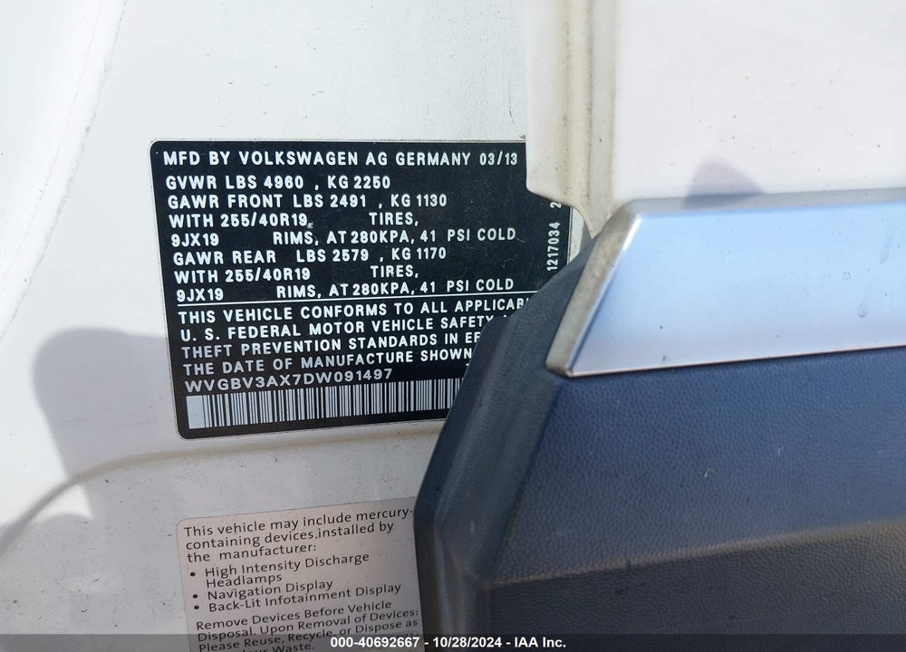 2013 VOLKSWAGEN TIGUAN SEL VIN: WVGBV3AX7DW091497