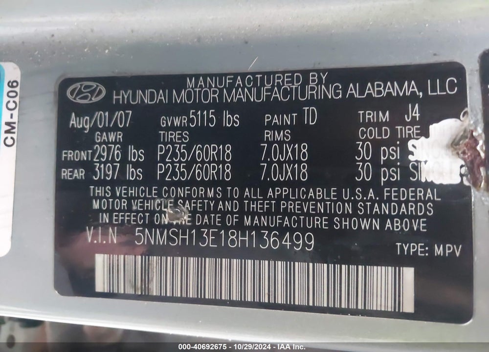 2008 HYUNDAI SANTA FE LIMITED/SE VIN: 5NMSH13E18H136499